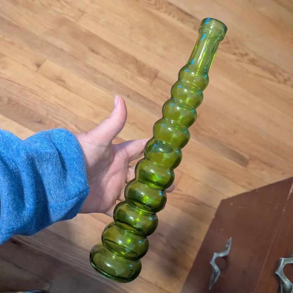 Vintage Bubble Glass Bud‎ Vase Ribbed Bulbus MCM Beehive Green Tapered 12”